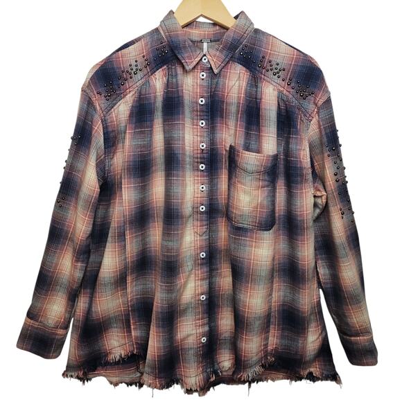 Free People Shirt Womens XS Multicolor Plaid Oversized Casual Studded Button Up - Picture 1 of 15